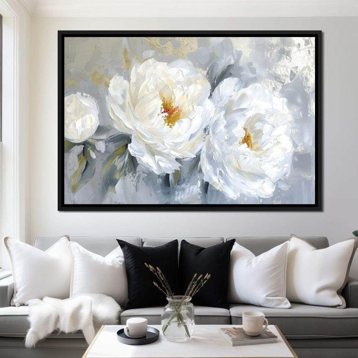 White Peonies Silver Gray Gold Accent Impasto Floral Art Print