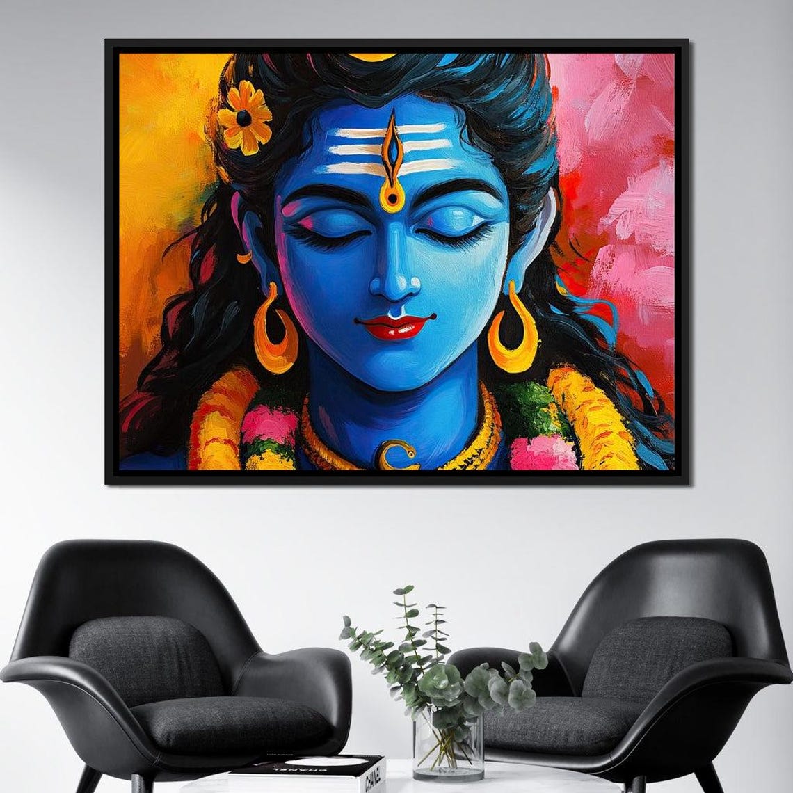 Meditating Krishna Blue Deity Flower Garlands Vibrant Hindu Art Poster - Image 2