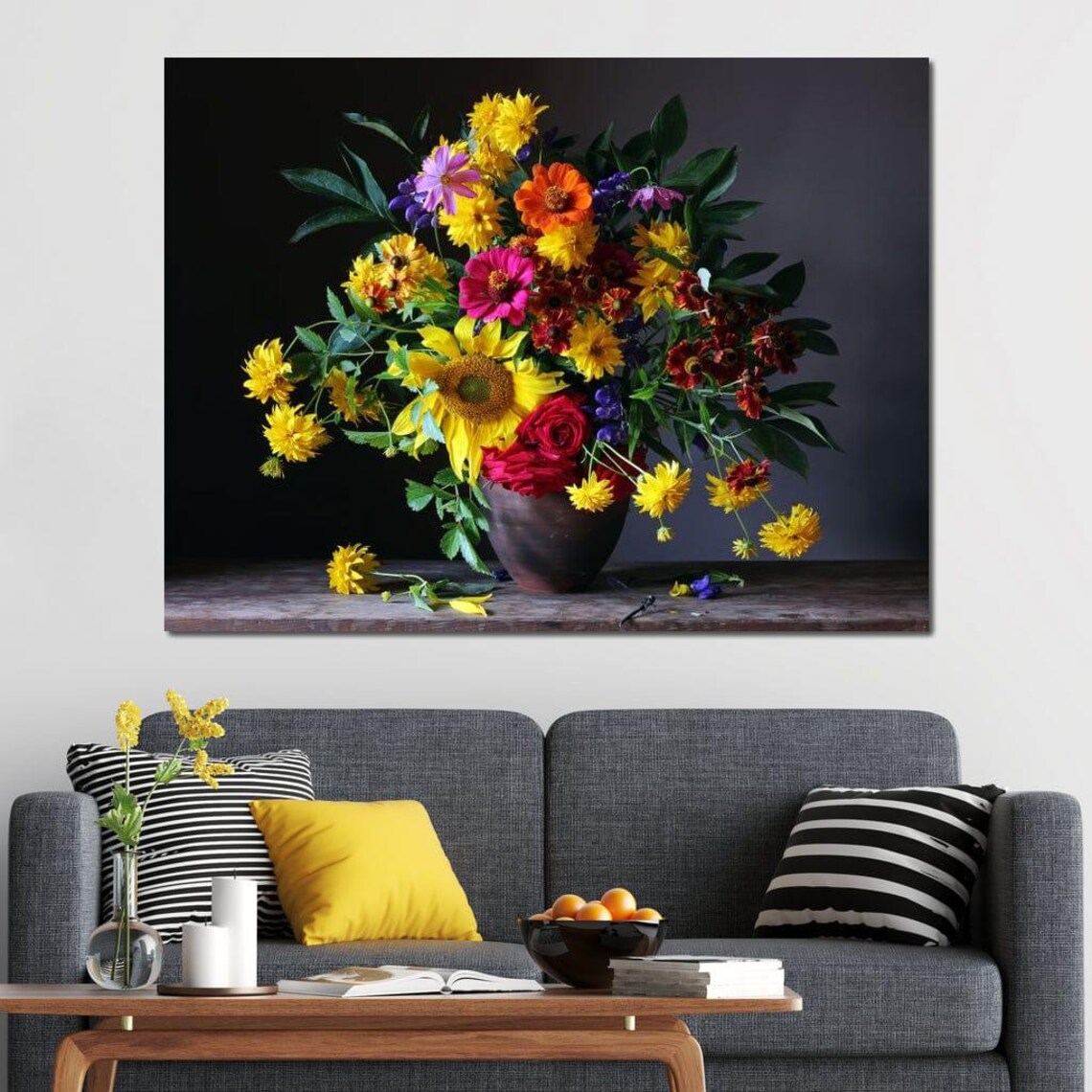 Sunflower Zinnia Bouquet Dark Vase Rustic Floral Photography Poster - Image 3