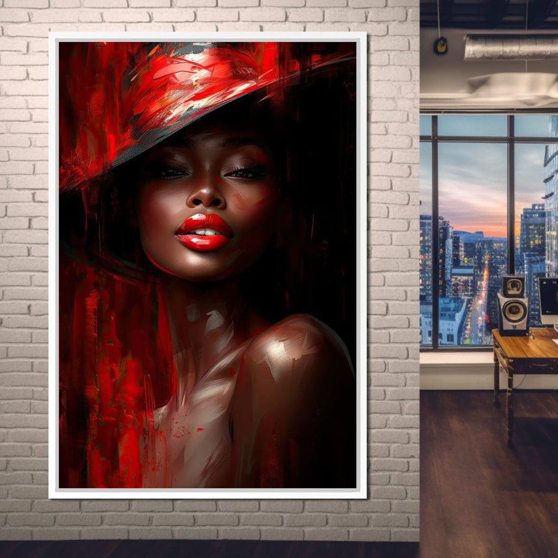 Red Hat Beauty Bold Black Red Glamorous Sultry Portrait Wall Art - Image 2