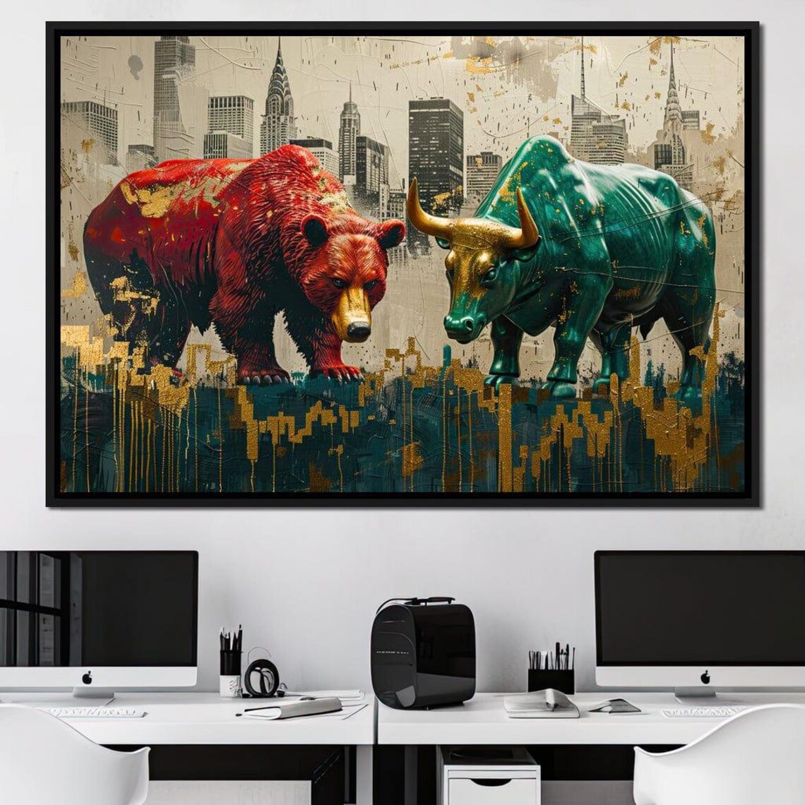 Red Bear Versus Green Bull Wall Street Stock Market Skyline Poster
