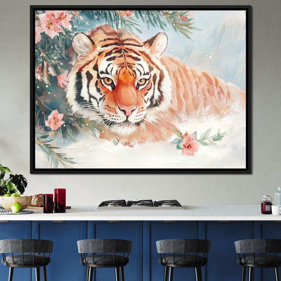 Majestic Tiger Resting In Snow Among Pine Branches And Pink Blossoms Poster - Image 2