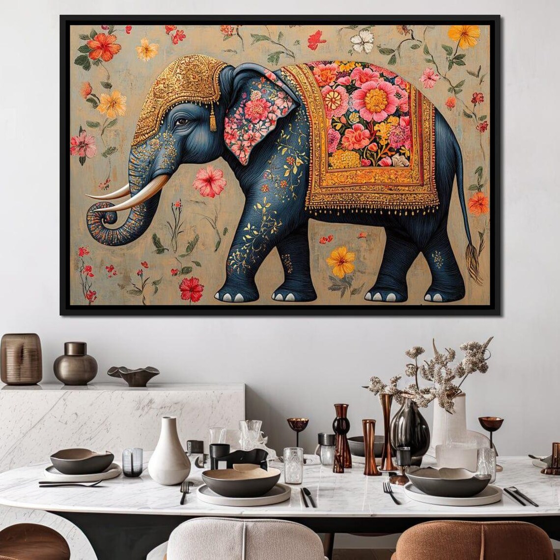 Royal Blue Elephant Gold Floral Ornate Bohemian Decorative Poster - Image 3