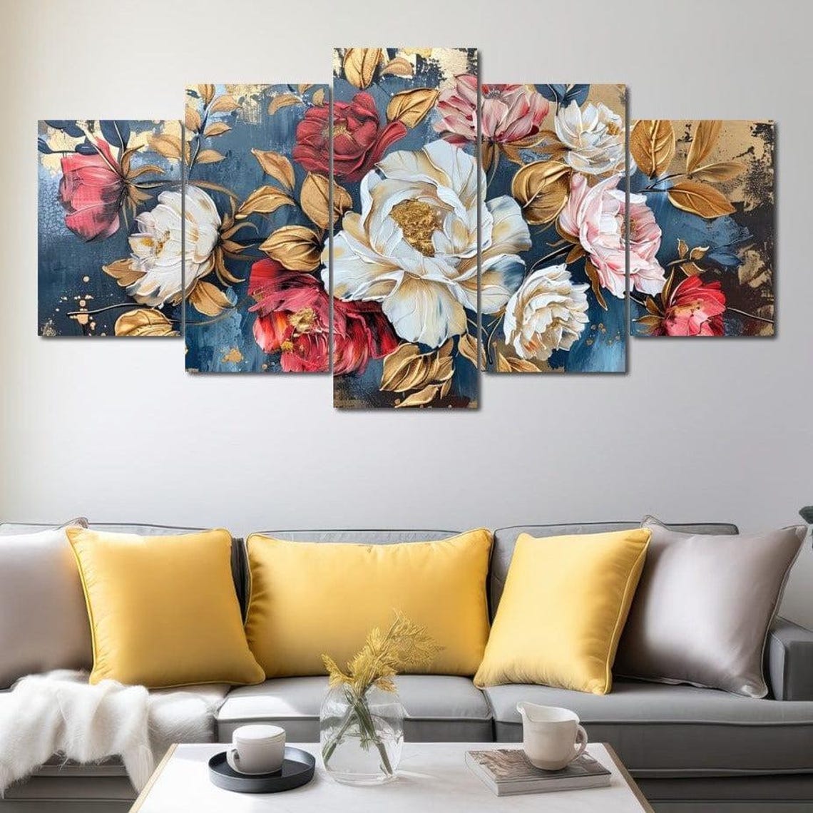 Peony Rose Bouquet Gold Leaves Five Panel Floral Wall Art Poster - Image 2