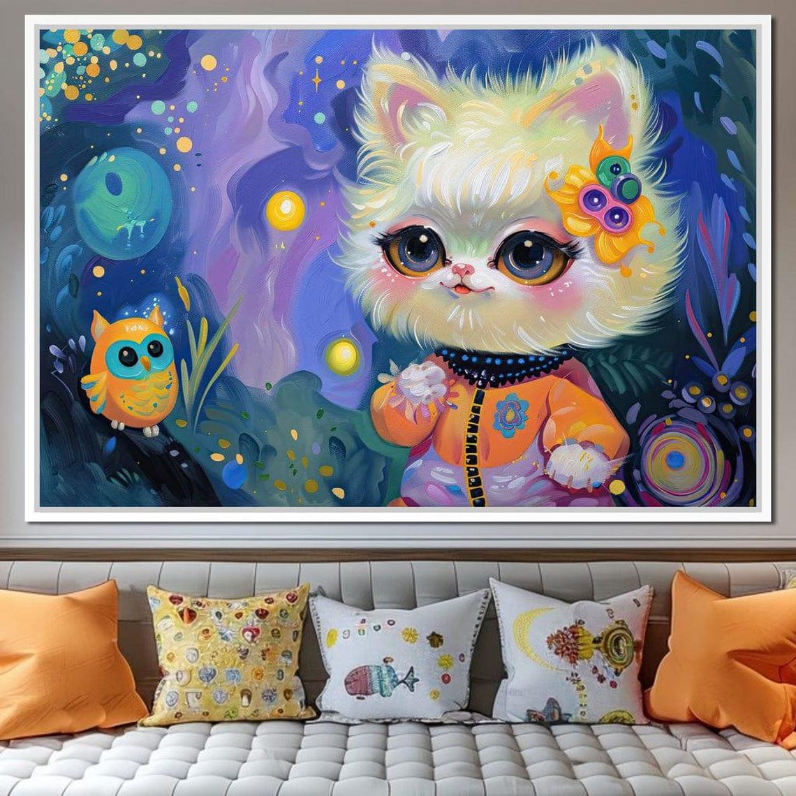 Cute White Kitten With Owl Under Starry Night Kids Room Art Poster - Image 4