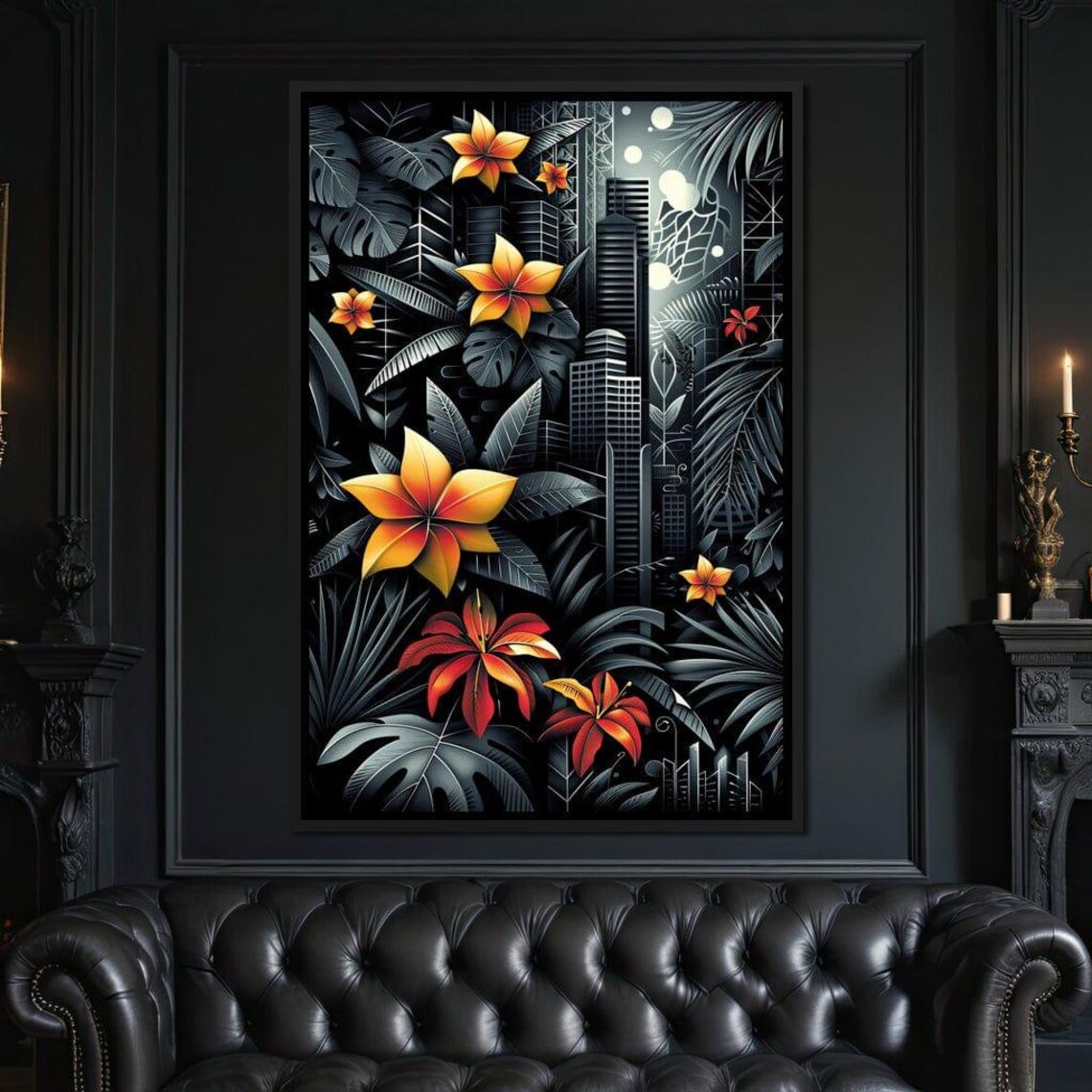 Tropical Fiery Blooms Black Monstera Jungle Night Garden Wall Art