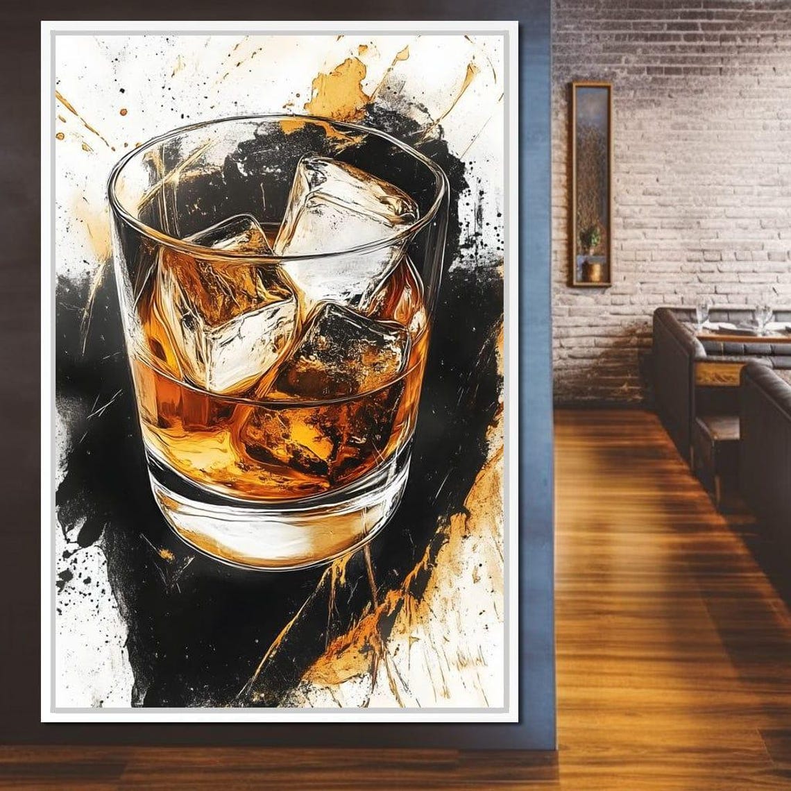Whiskey Glass With Ice on Bold Black and Gold Splash Art Poster - Image 3