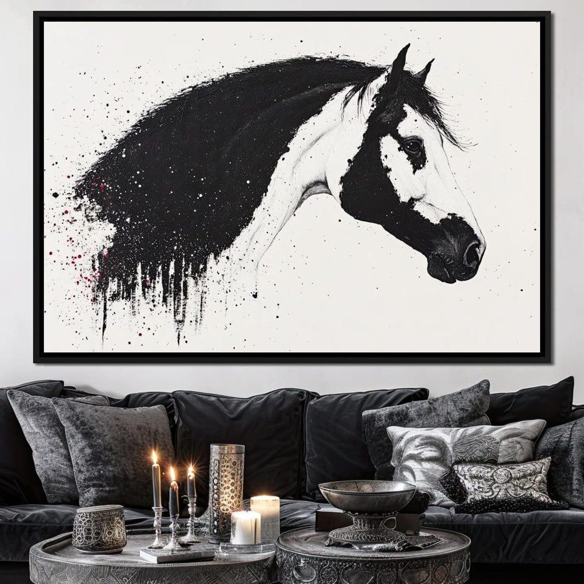 Black White Horse Splatter Profile Minimalist Framed Equine Wall Art - Image 3
