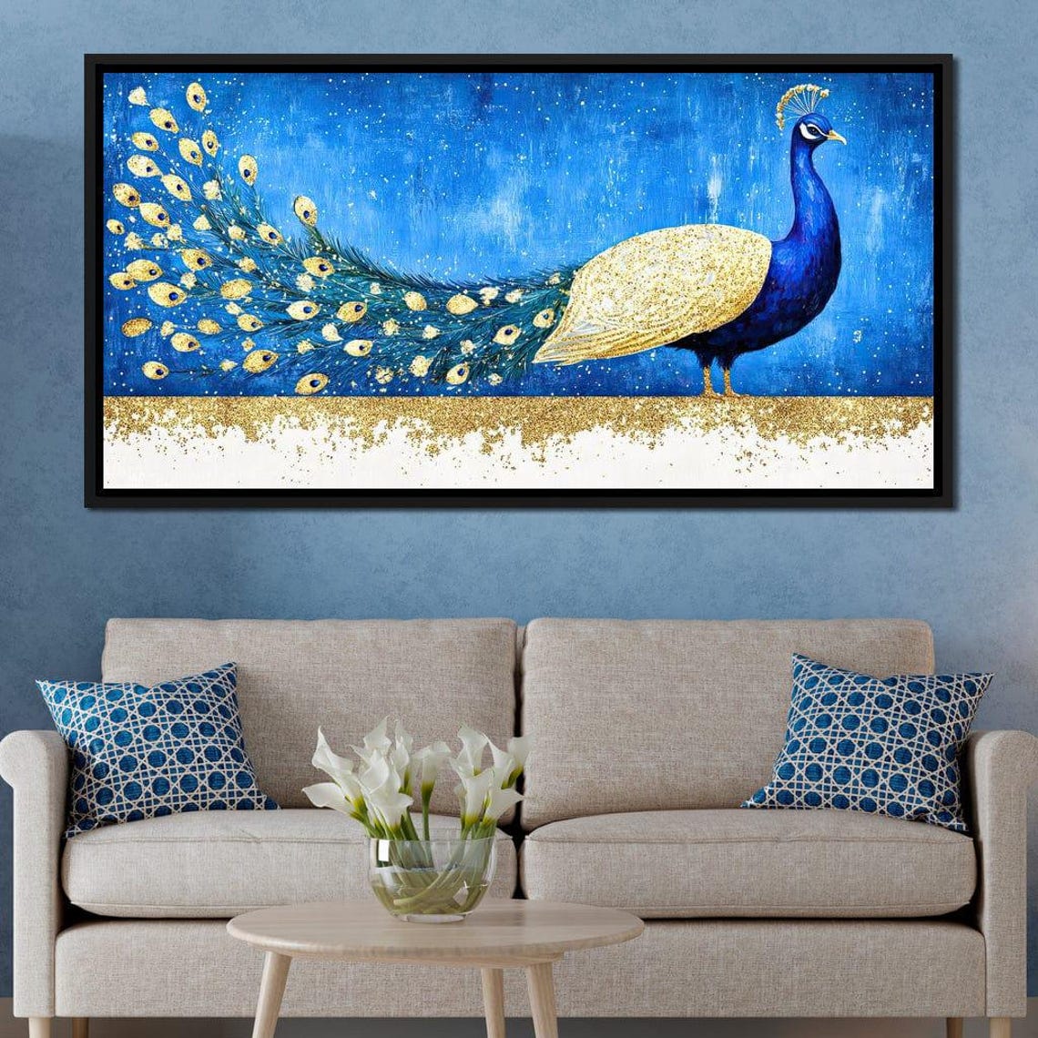 Majestic Peacock With Gold Glitter Tail On A Blue Night Poster - Image 4