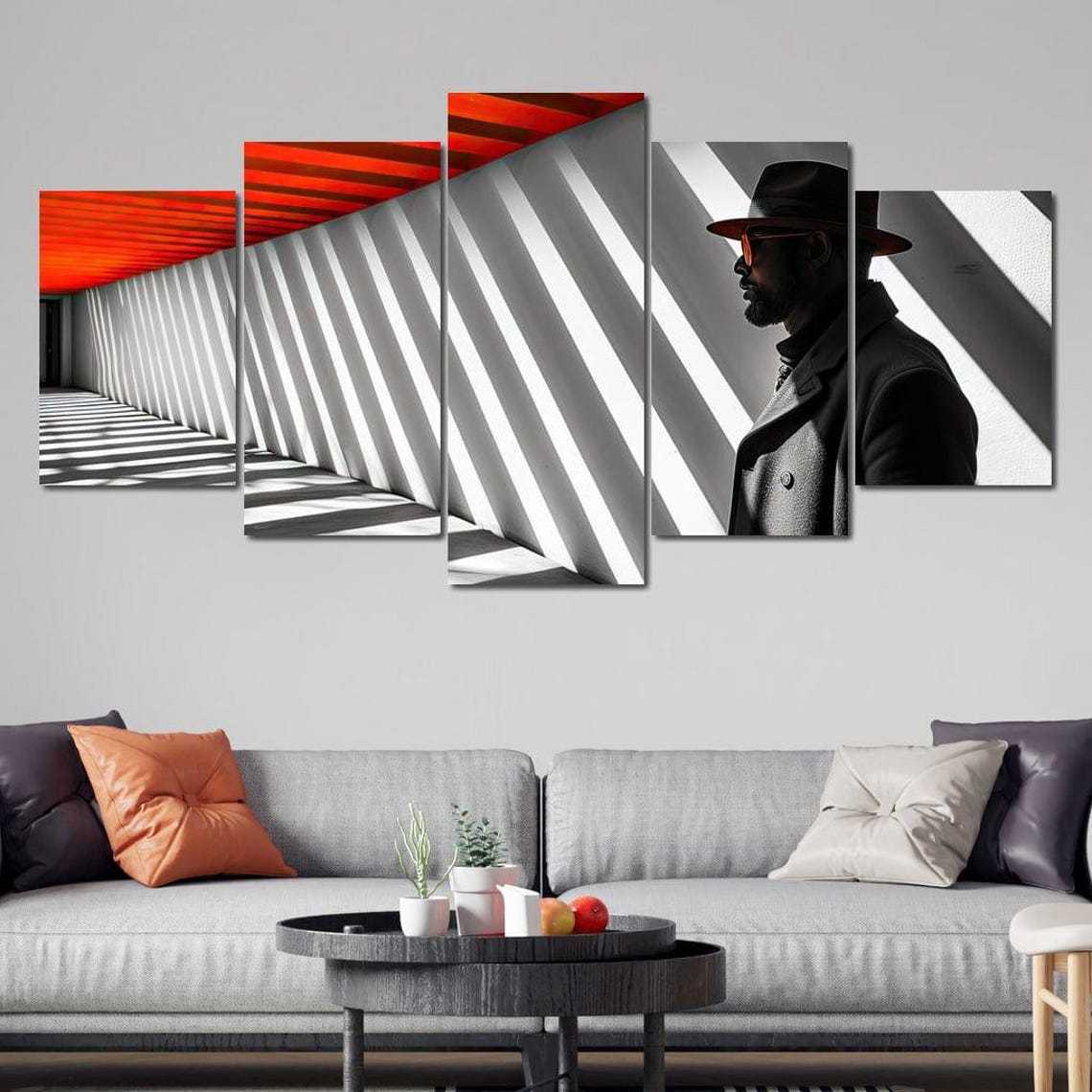 Man Fedora Hat Red Ceiling Light Shadow Corridor Noir Style Poster - Image 4