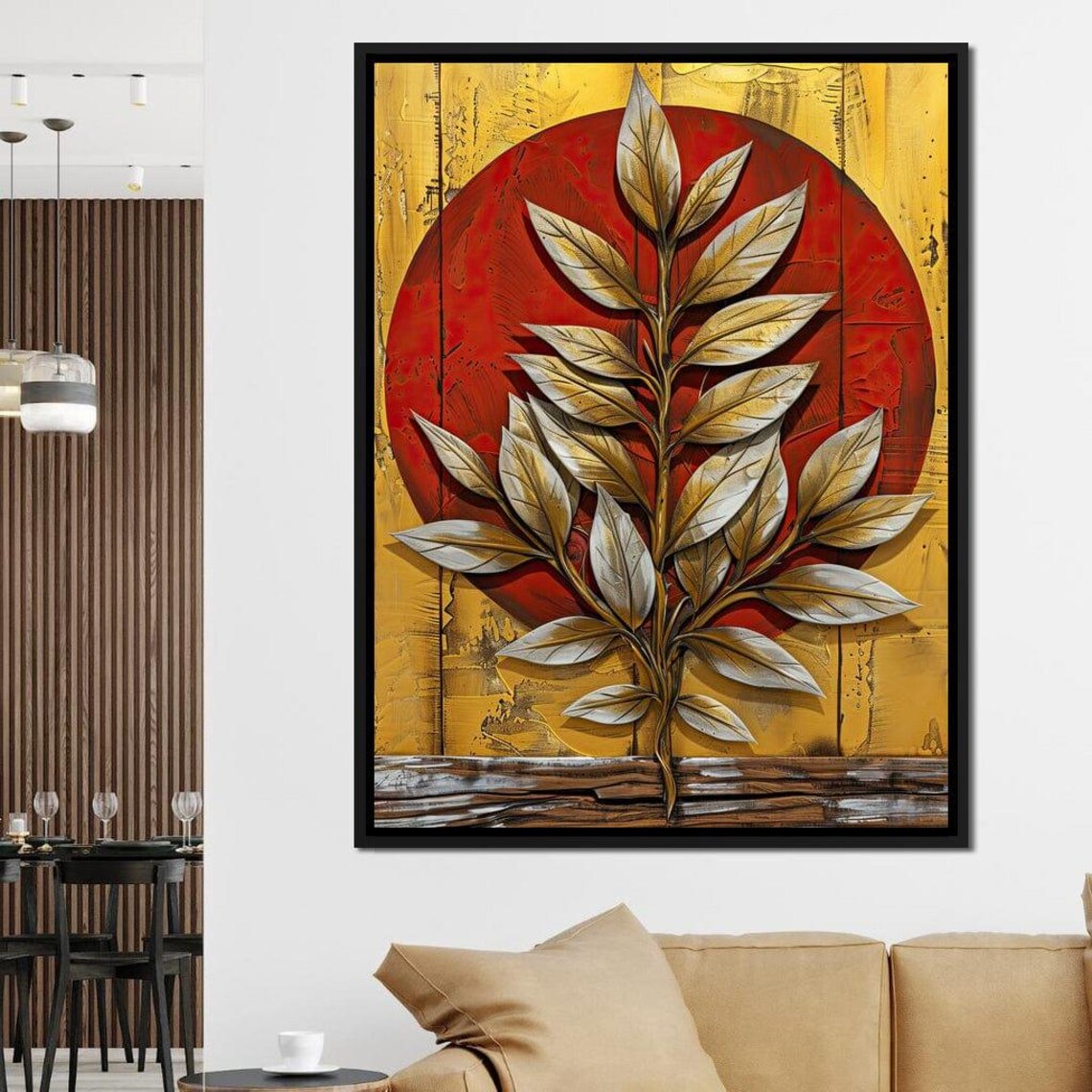 Golden Foliage On Fiery Sphere, Abstract Art Print