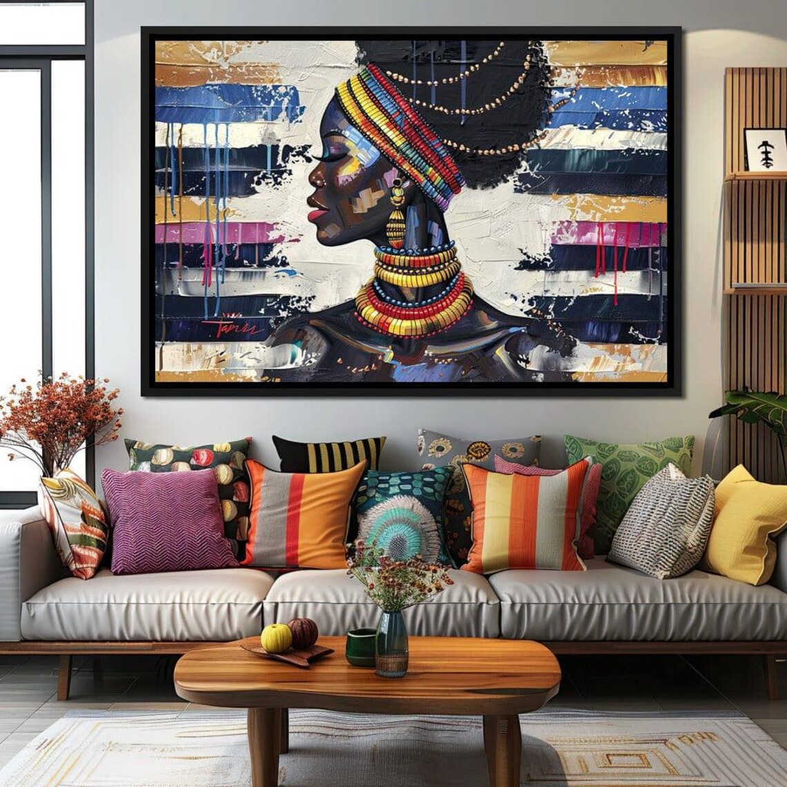 African Woman Striped Headwrap Beaded Necklaces Profile Wall Art - Image 2