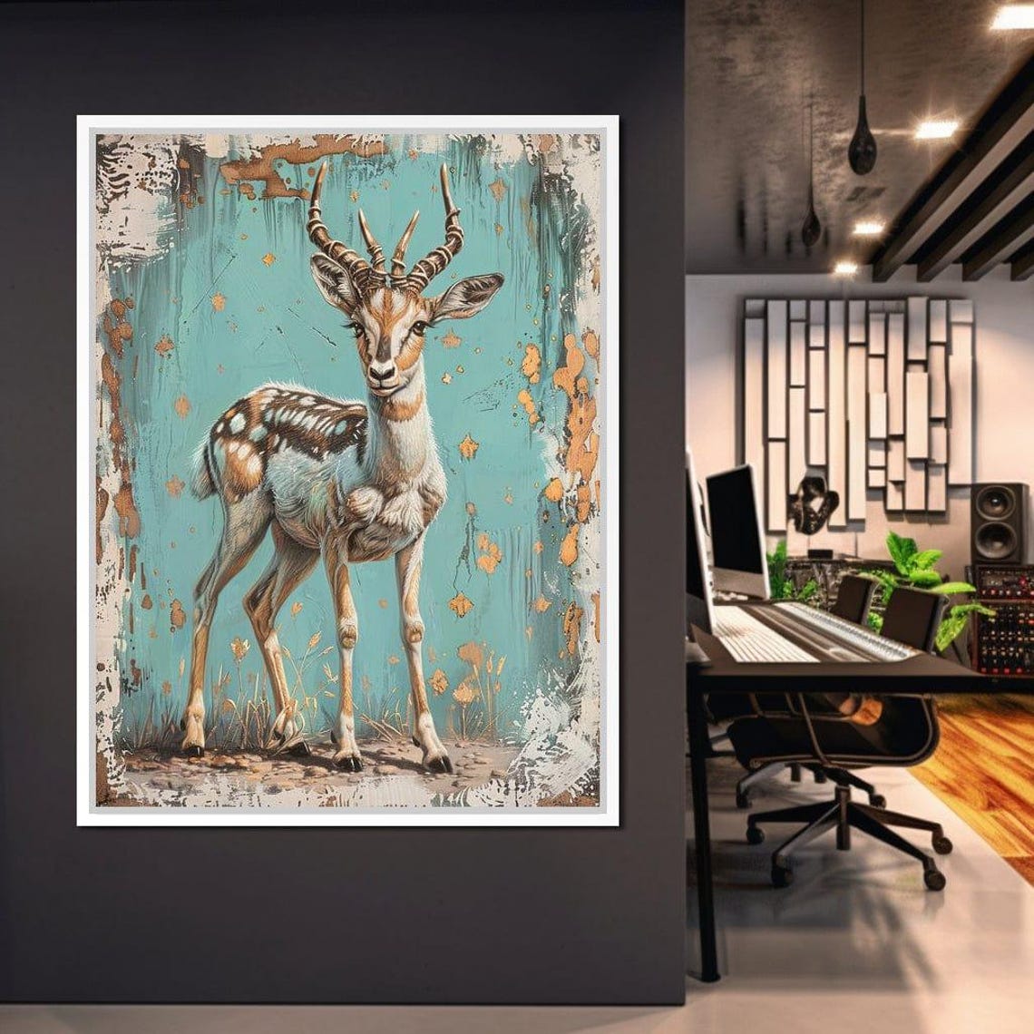 Antelope On Turquoise Distressed Rustic Boho Nature Animal Art Poster - Image 2
