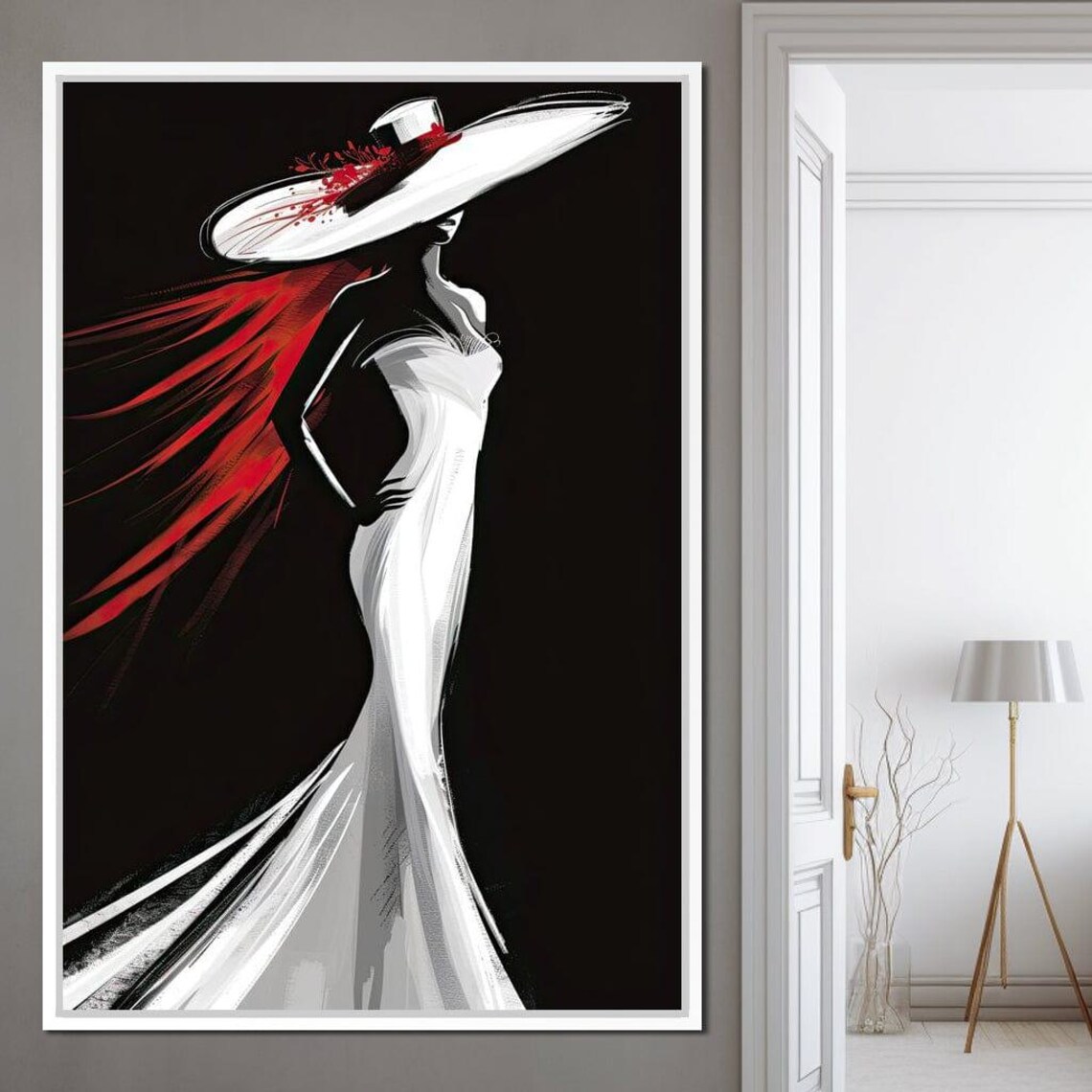 Fashion Woman White Gown Wide Hat Black Background Elegant Poster - Image 4