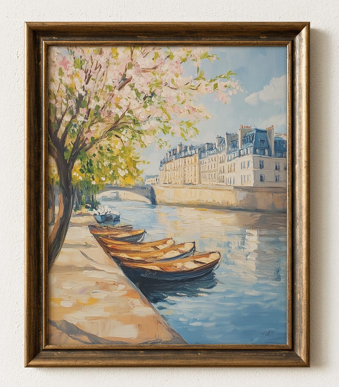 Paris Seine Blossom Boats Quay Spring Impressionist Oil Art Print