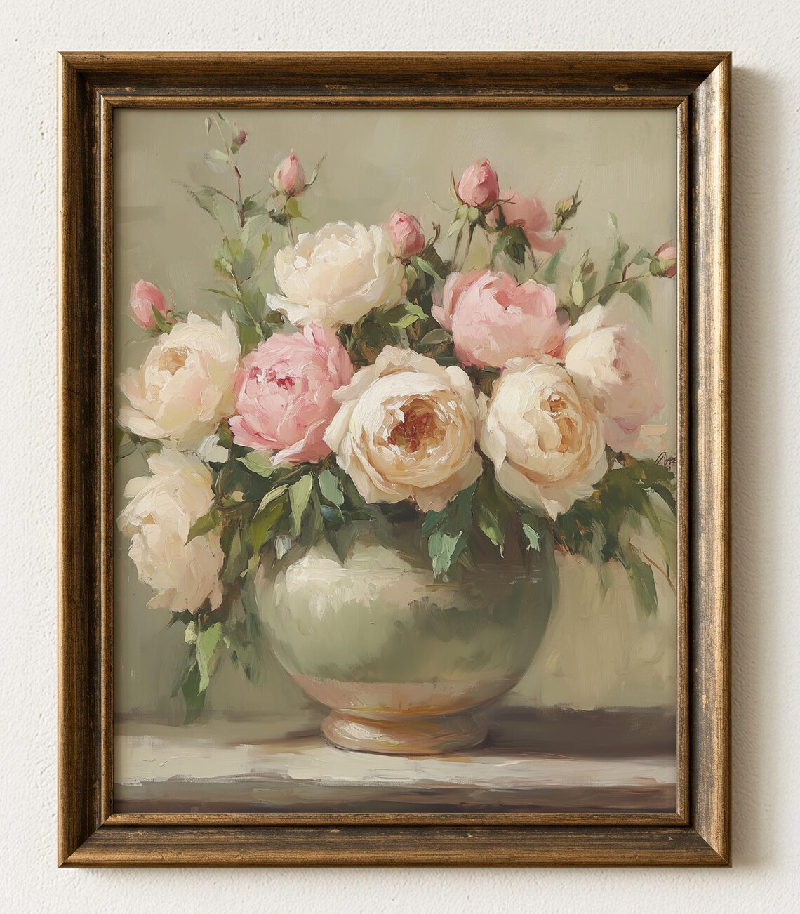 Rustic Roses and Peonies Oil Painting Antique Floral Bouquet Print