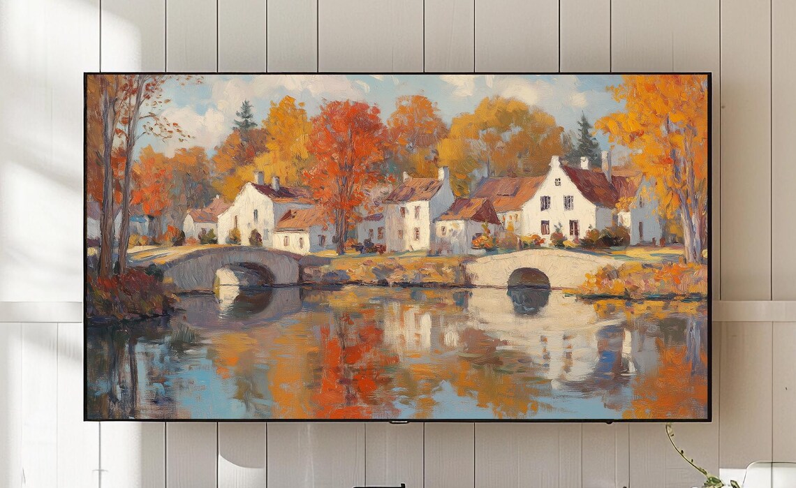 Autumn Riverside Village, Quaint Cottage Landscape Art Print