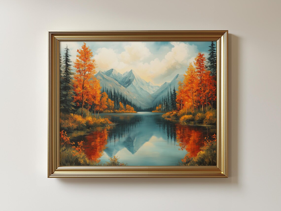 Autumn Mountain Lake Painting Earthy Fall Colors Scenic Reflection Wall Art 95