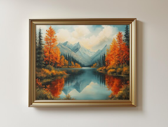 Autumn Mountain Lake Painting Earthy Fall Colors Scenic Reflection Wall Art 95