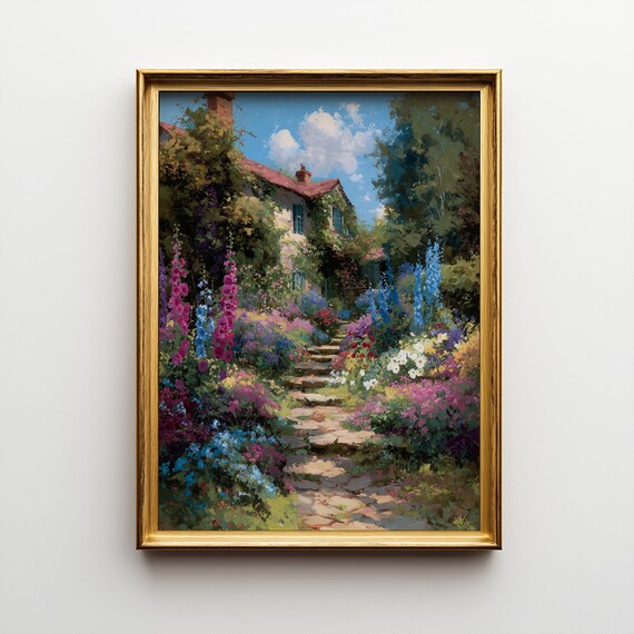 English Cottage Garden Print Rustic Floral Landscape Artwork 164