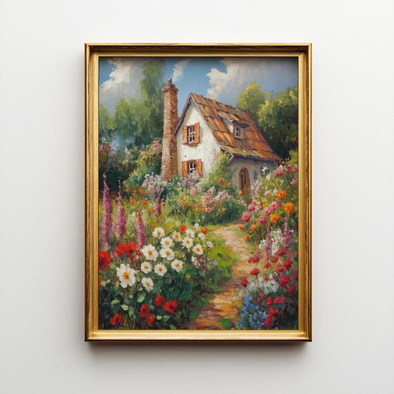 Cottage Garden Landscape Print Spring Countryside Scene 432