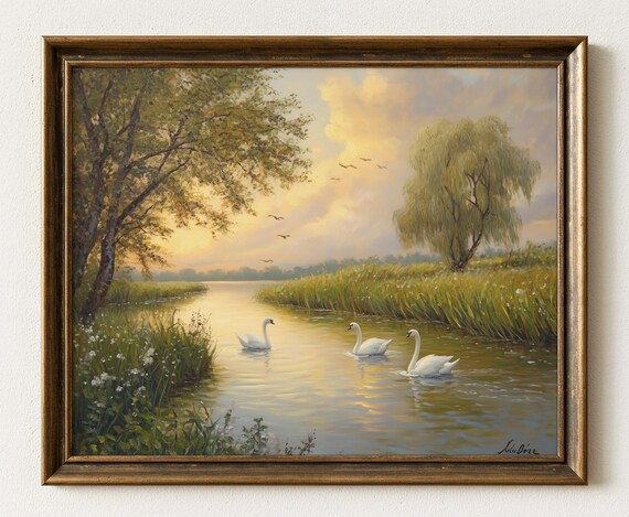 Swan River Landscape Art Serene Pastoral Print 1000
