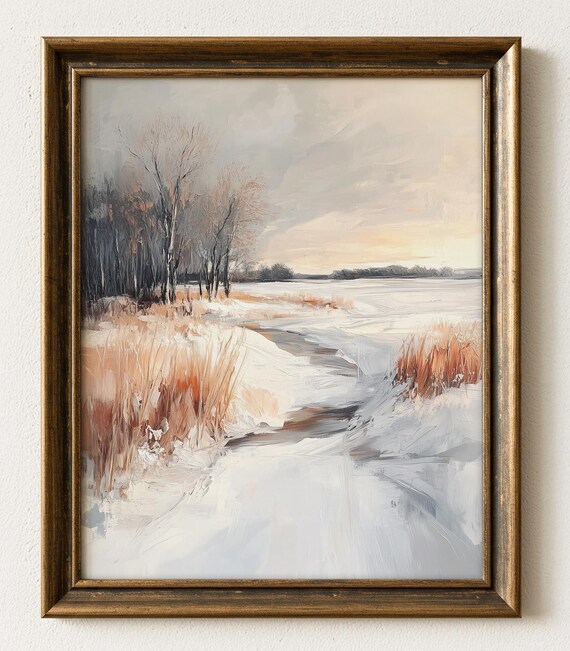 Winter Snowy Field Stream Muted Landscape Oil Painting Poster