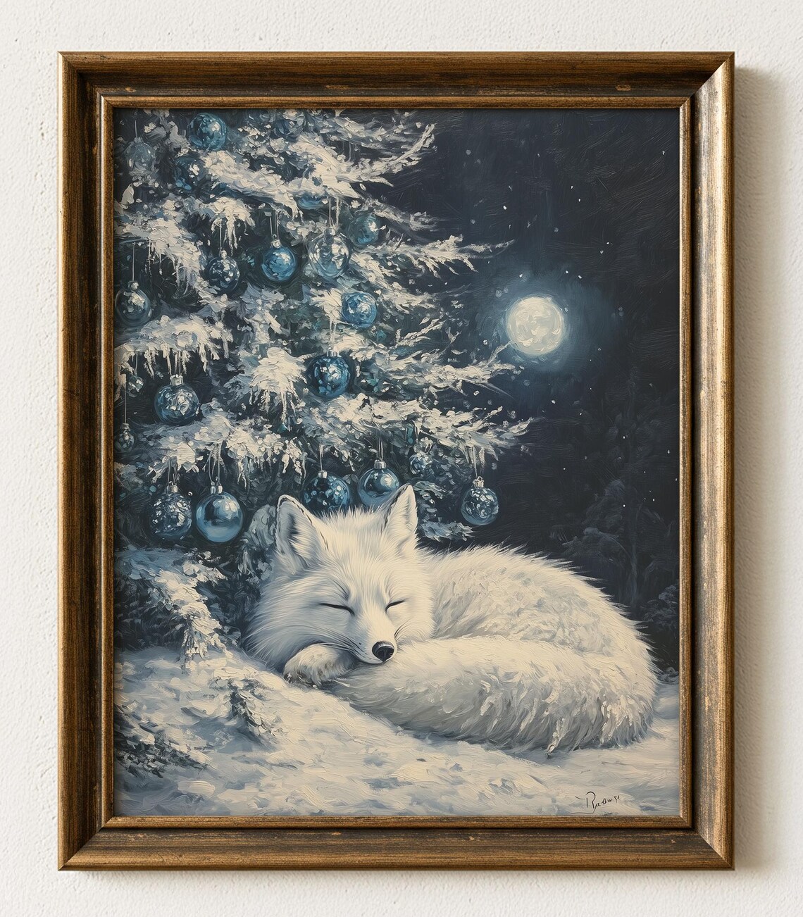 Arctic Fox Winter Landscape, Moonlit Wildlife Art Print