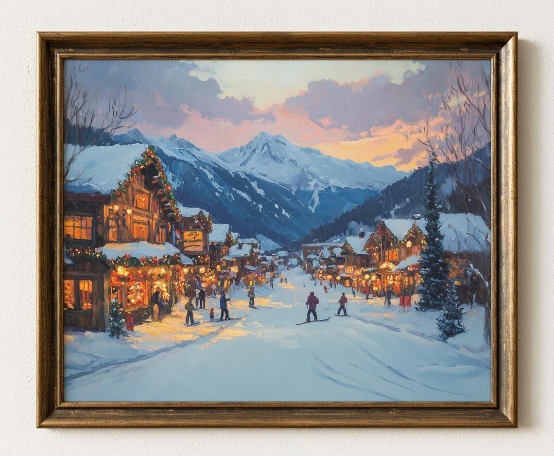 Winter Village Ski Slope Art Print, Rustic Christmas