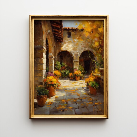European Courtyard Print Rustic Stone Arches Autumn Patio 524