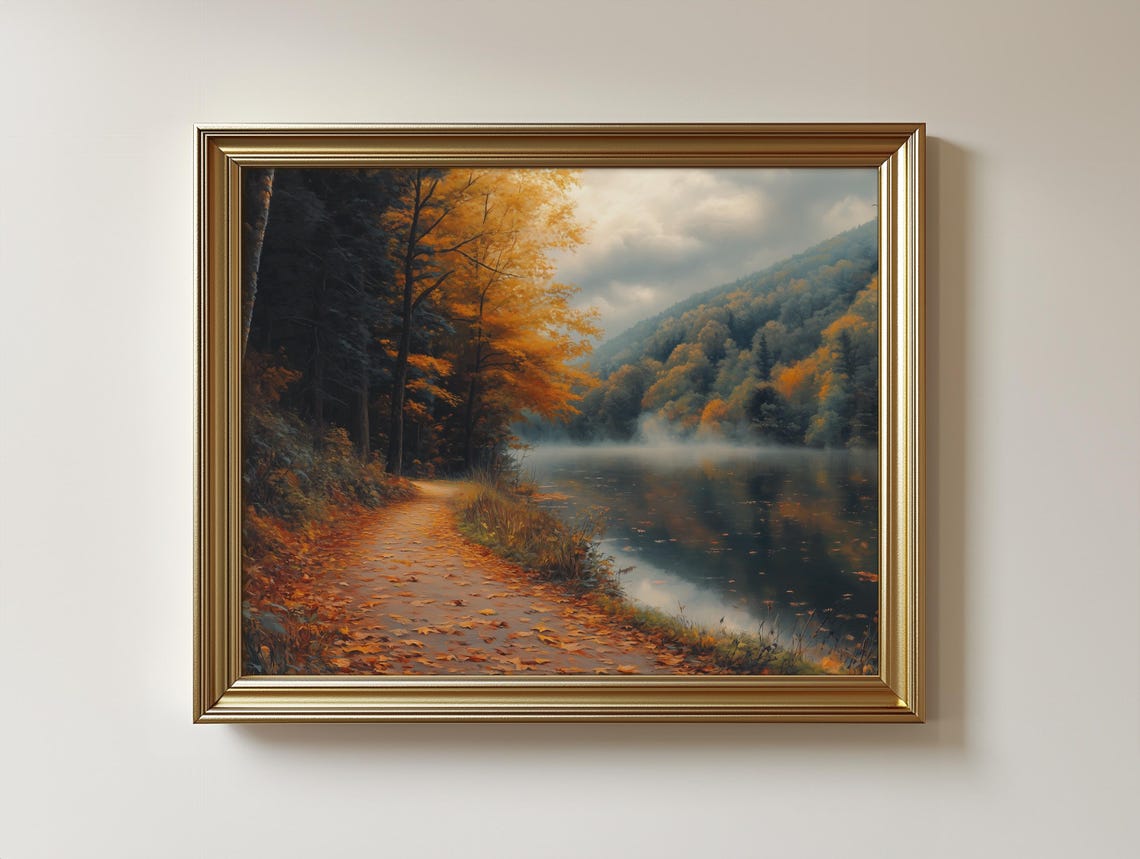 Autumn River Path Misty Lake Golden Trees Serene Nature Art Print