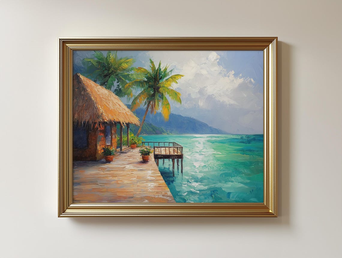 Tropical Island Bungalow Print Coastal Seascape Painting 116