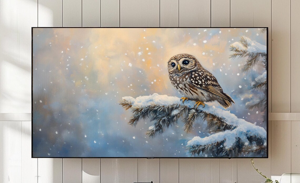 Tiny Owl On Snowy Branch Soft Pastel Winter Forest Painting Poster