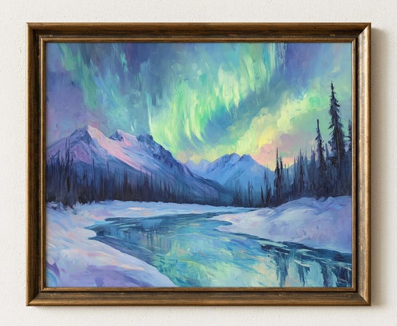 Aurora Borealis Mountain Print Winter Landscape Wall Art 853