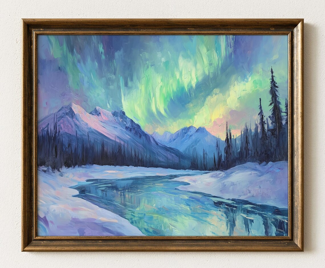 Aurora Borealis Snowy Mountains Night Lake Winter Oil Art Print