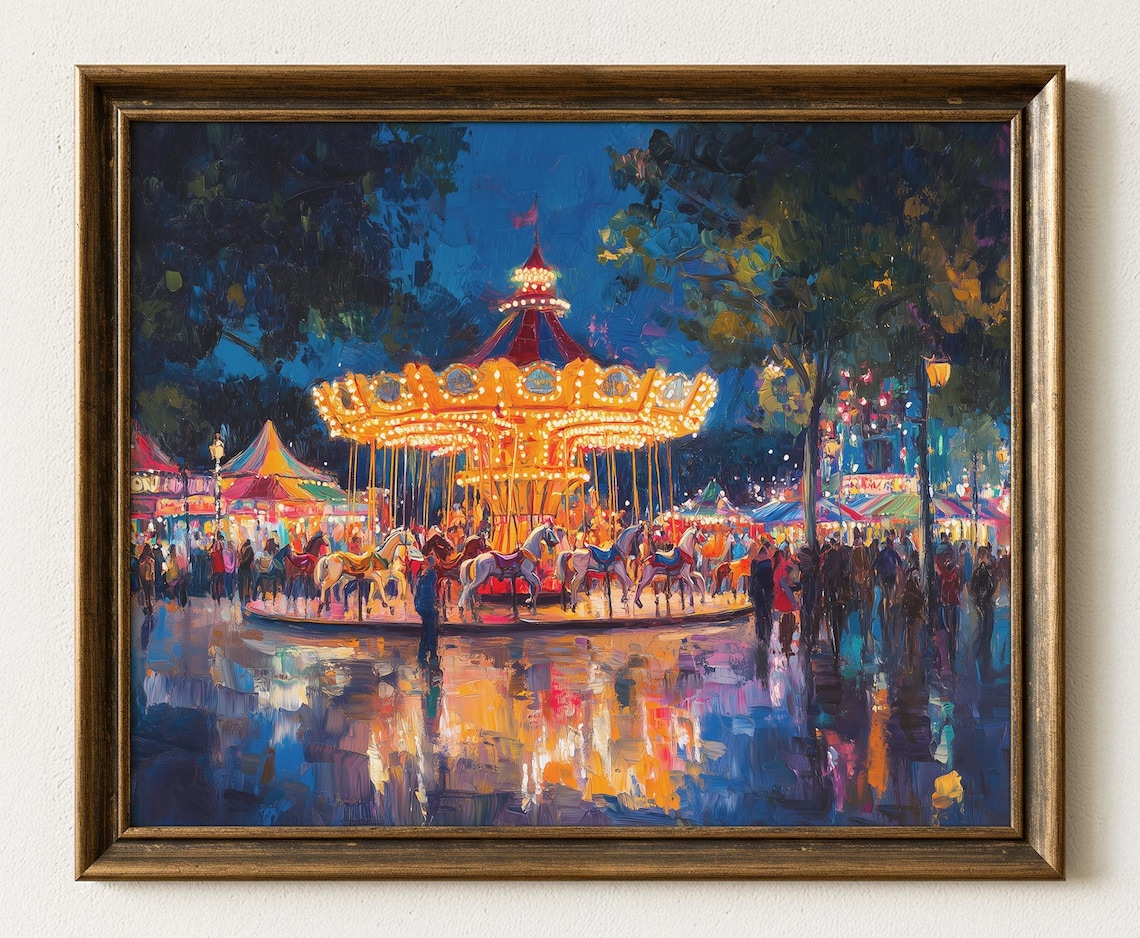 Festive Nighttime Carousel, State Fair Scene Art Print