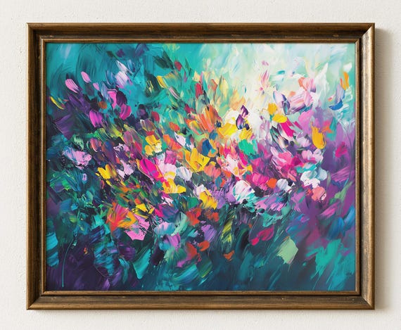 Bold Abstract Floral Explosion Painting Colorful Wildflowers With Teal Emerald Magenta Fuchsia Modern Wall Art 1036