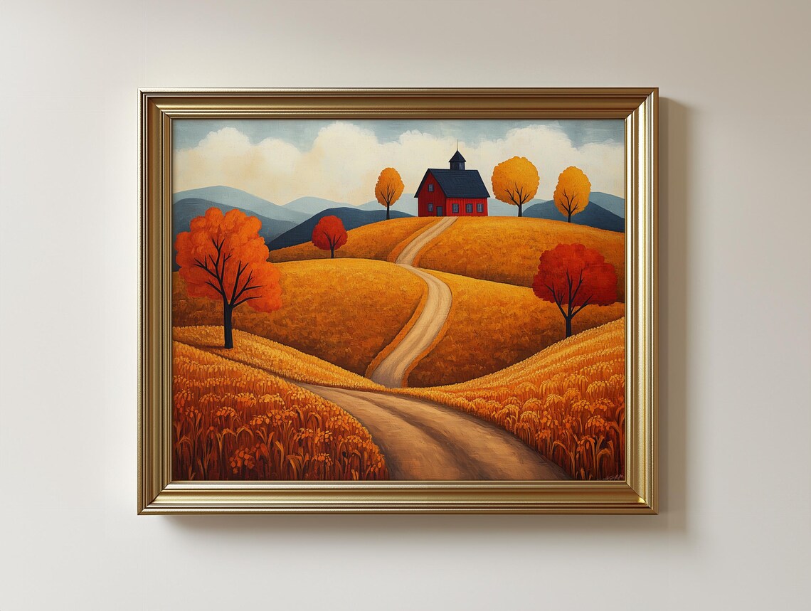 Rustic Autumn Landscape Art Print, Rolling Hills