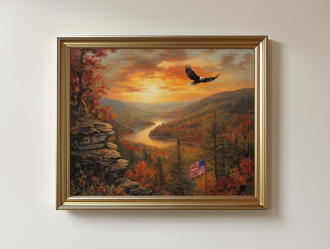 Autumn Eagle Landscape Print Rustic Valley Nature Wall Decor 371