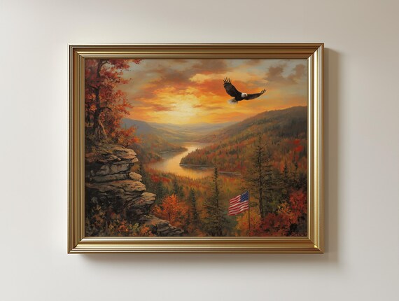 Autumn Eagle Landscape Print Rustic Valley Nature Wall Decor 371