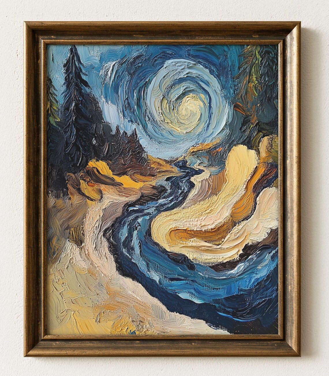 Abstract River Landscape, Earthy Tones Swirling Sky