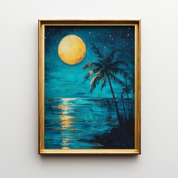Florida Keys Coastal Print Moonlit Ocean Starry Beach Art 475