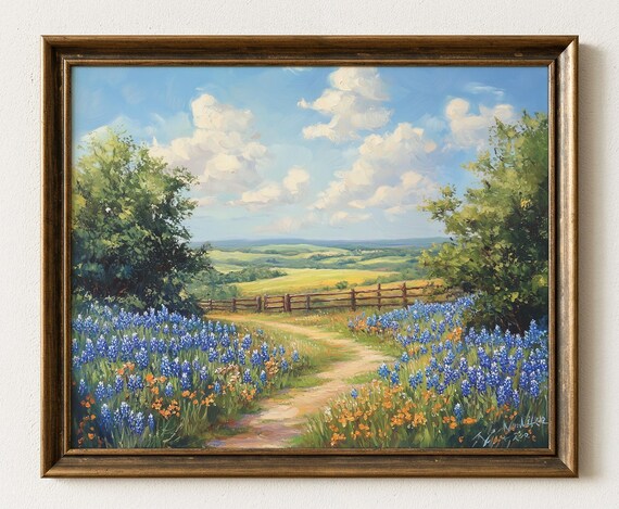 Texas Bluebonnet Field Rustic Fence Path Country Landscape Poster
