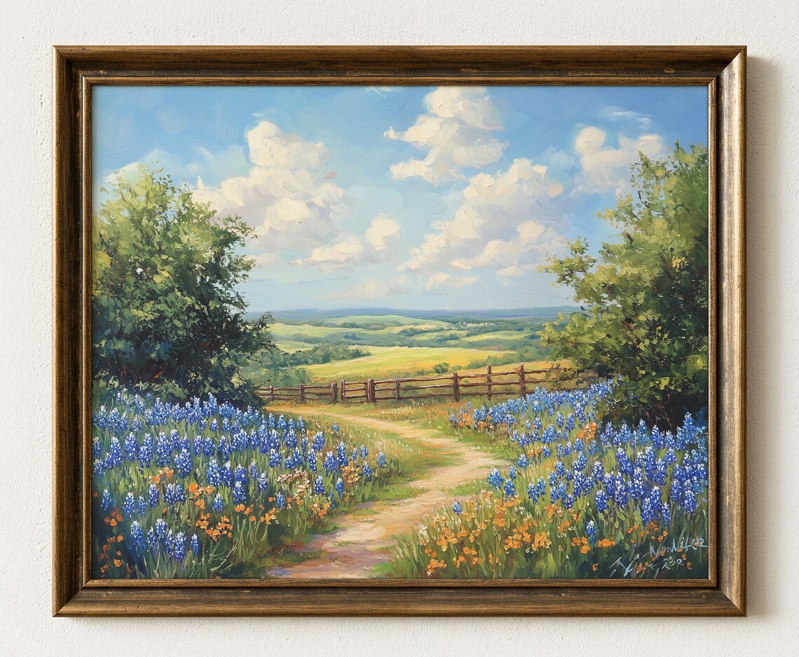 Texas Bluebonnet Field Art Print Rustic Farmhouse Landscape 1015