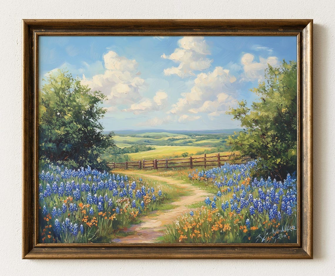 Texas Bluebonnet Field Rustic Fence Path Country Landscape Poster