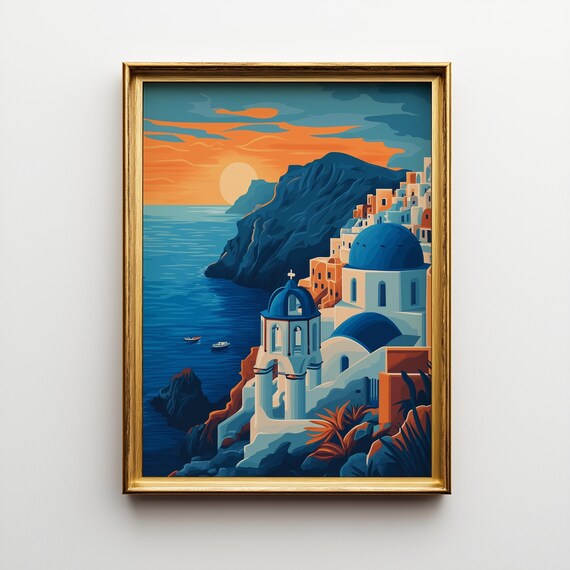 Santorini Sunset Print Mediterranean Coastal Art Deco 177