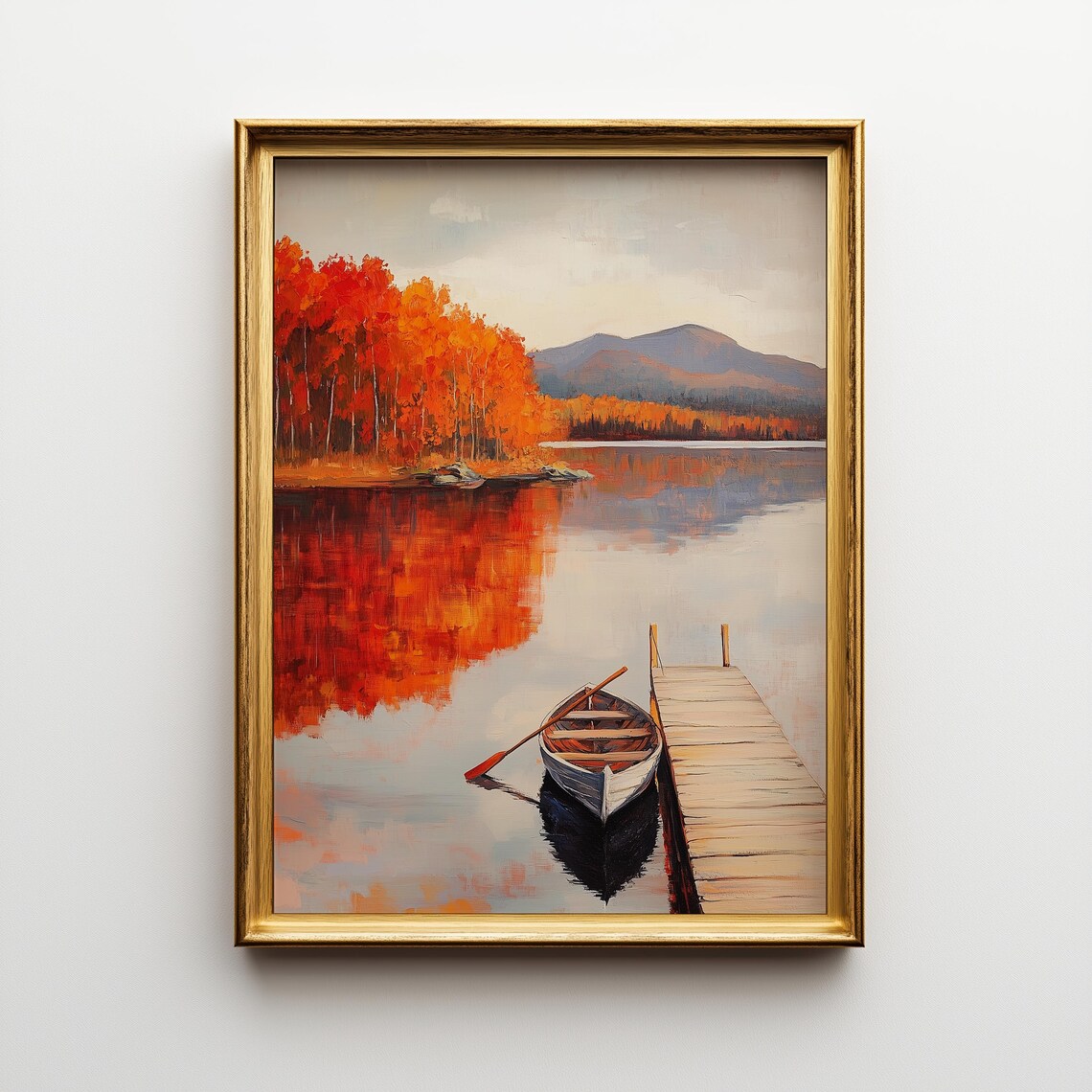 Autumn Lake Scene Art Print Rustic Rowboat Waterscape