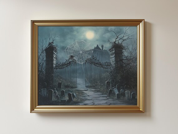 Gothic Spider Web Landscape, Haunted Forest Art Print
