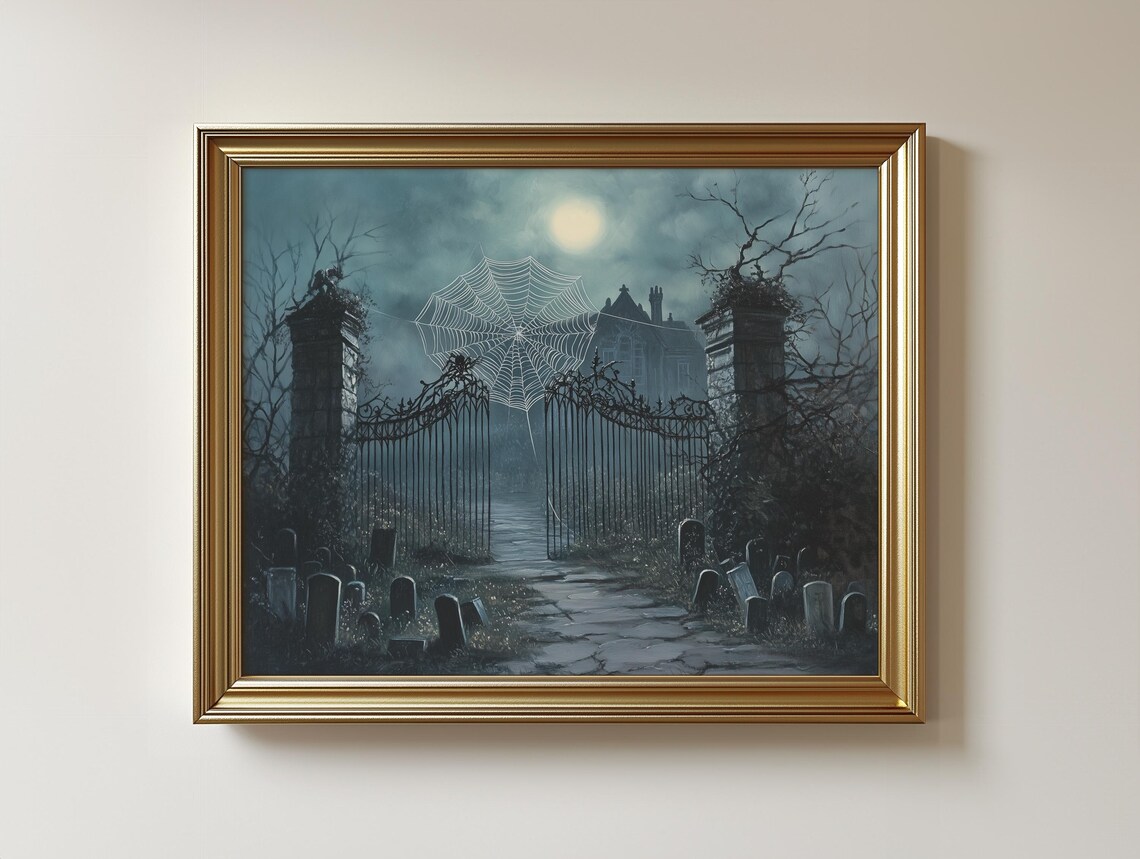 Gothic Spider Web Landscape, Haunted Forest Art Print