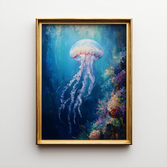 Ethereal Jellyfish Art Print Underwater Coral Reef Oil Painting 160